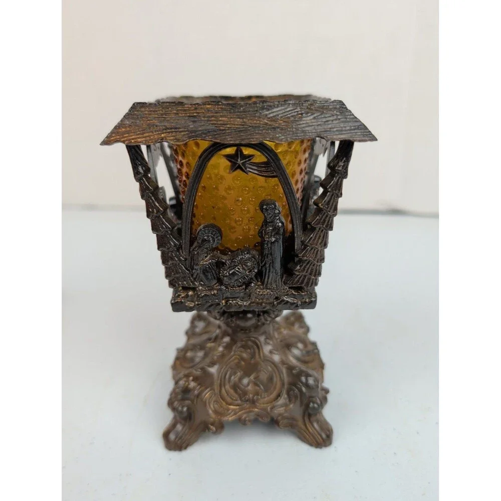 VTG Faux Brass Nativity Lamp Candle Holder Merri- Mack Hong Kong Xmas Gothic